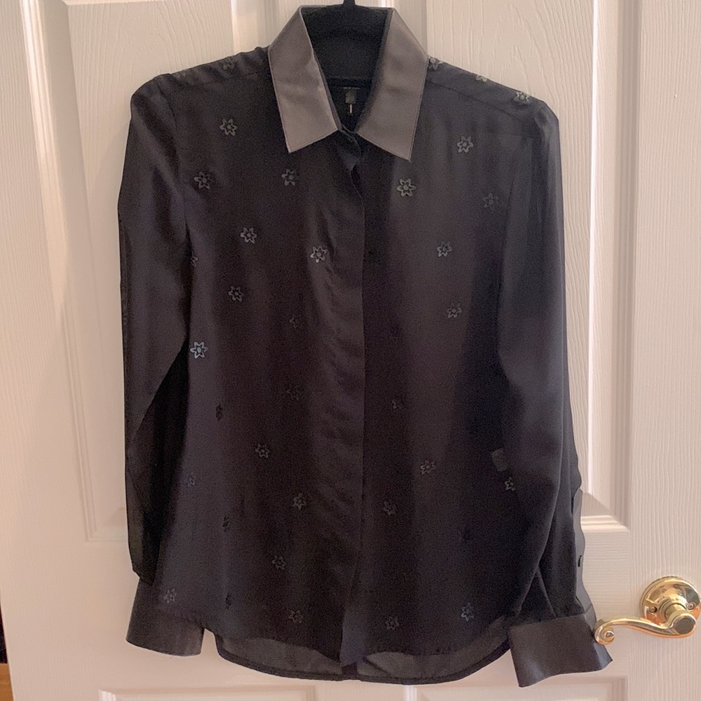 Rag and Bone Sheer Black Button Down Top with leather flowers